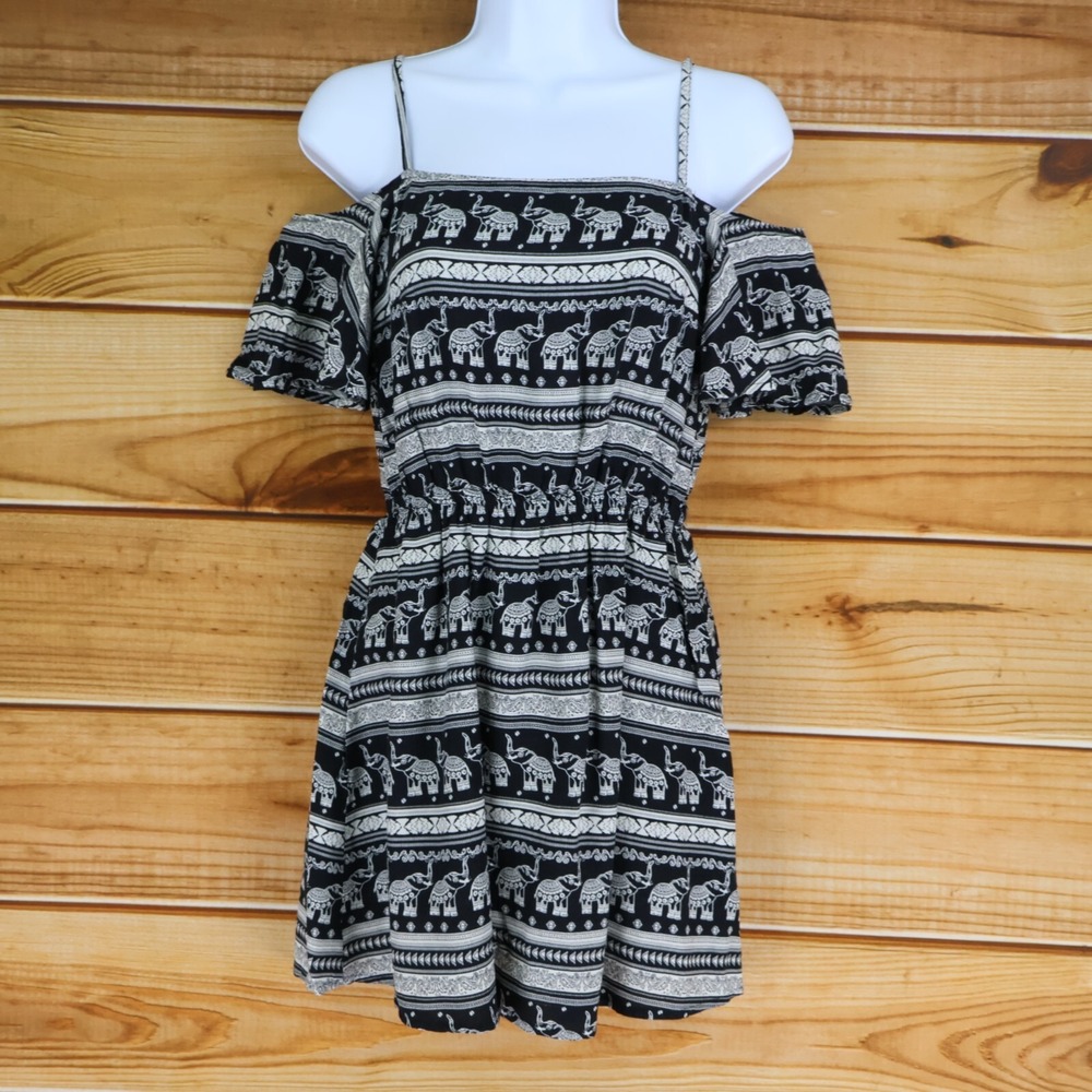 H&M Coachella Mini Fit & Flare Dress Womens S Black Elephants Boho Cold Shoulder